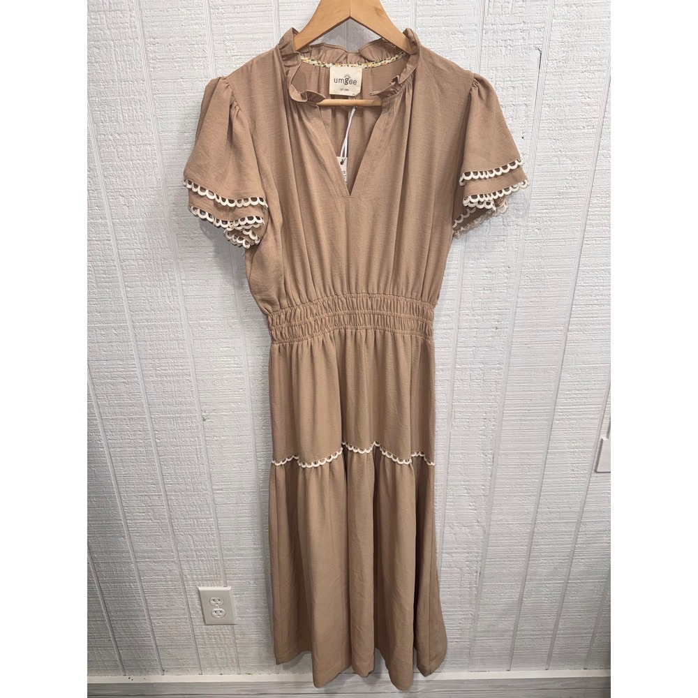 Umgee Midi Dress Women Tan Smocked Eyelet Lace Tiered Boho K0318 Small
